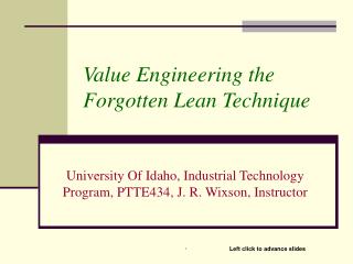 Value Engineering the Forgotten Lean Technique