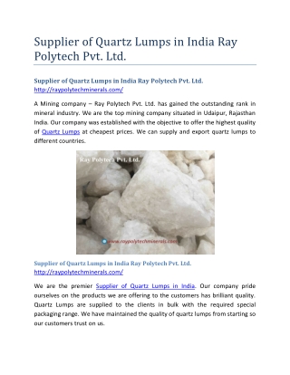 Supplier of Quartz Lumps in India Ray Polytech Pvt. Ltd.