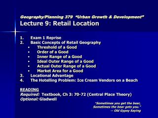 Geography/Planning 379 “Urban Growth & Development” Lecture 9: Retail Location