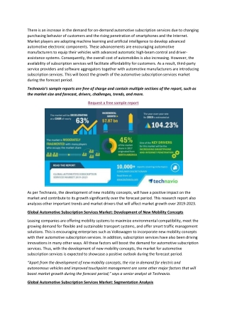 lobal Automotive Subscription Services Market 2019-2023 | Development of New Mobility Concepts to Boost Growth