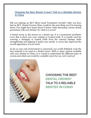 Choosing the Best Dental Crown? Talk to a Reliable Dentist in Chino