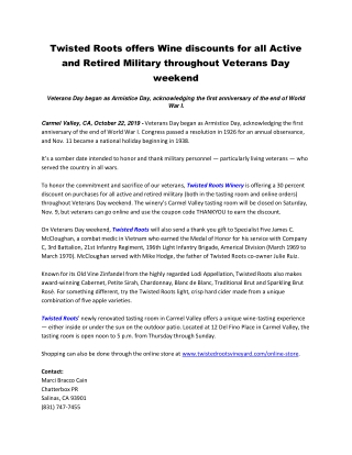 Twisted Roots offers Wine discounts for all Active and Retired Military throughout Veterans Day weekend