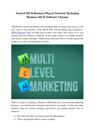 Need of MLM Business Plan in Network Marketing Business-MLM Software Chennai