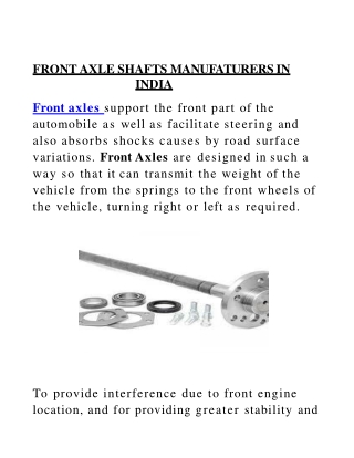 FRONT AXLE SHAFTS MANUFATURERS IN INDIA