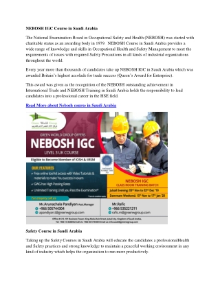 Nebosh IGC Safety Course Training Institute in Saudi Arabia