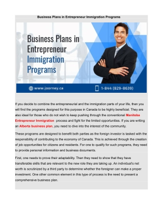 Business Plans in Entrepreneur Immigration Programs