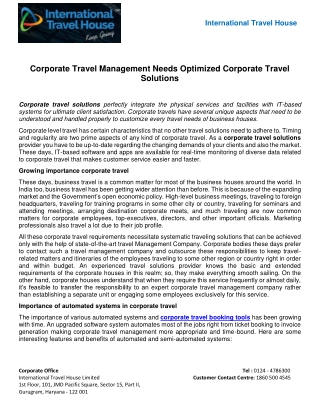 Corporate Travel Management Needs Optimized Corporate Travel Solutions