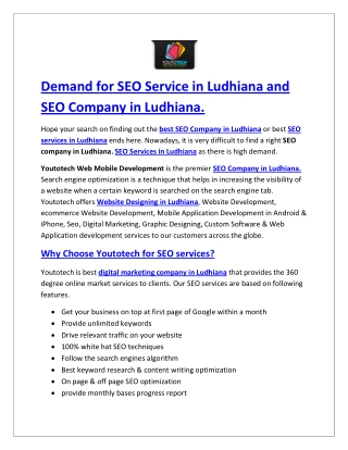 Demand for SEO Service in Ludhiana and SEO Company in Ludhiana - Youtotech