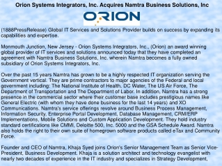 Orion Systems Integrators, Inc. Acquires Namtra Business Sol