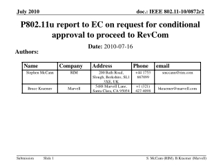 P802.11u report to EC on request for conditional approval to proceed to RevCom