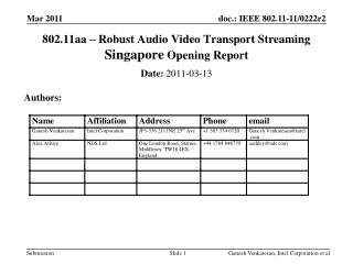 802.11aa – Robust Audio Video Transport Streaming Singapore Opening Report