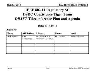 IEEE 802.11 Regulatory SC DSRC Coexistence Tiger Team DRAFT Teleconference Plan and Agenda