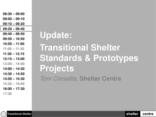 Update: Transitional Shelter Standards &amp; Prototypes Projects Tom Corsellis , Shelter Centre