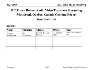802.11aa – Robust Audio Video Transport Streaming Montreal , Quebec, Canada Opening Report