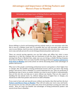 Advantages and Importance of Hiring Packers and Movers Pune to Mumbai