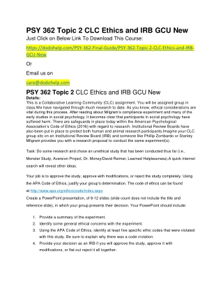 PSY 362 Topic 2 CLC Ethics and IRB GCU New