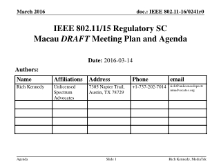 IEEE 802.11/15 Regulatory SC Macau DRAFT Meeting Plan and Agenda