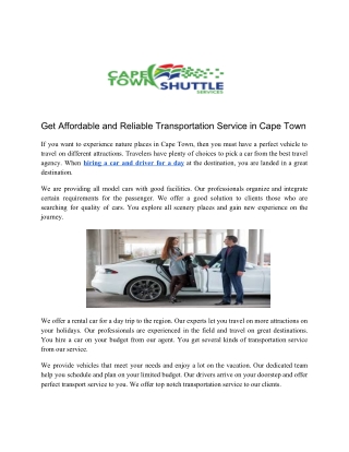 Get affordable and reliable transportation service in cape town