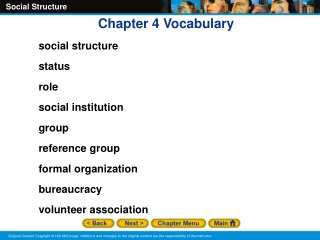 Chapter 4 Vocabulary social structure status role social institution group reference group