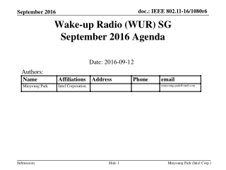 Wake-up Radio (WUR) SG September 2016 Agenda