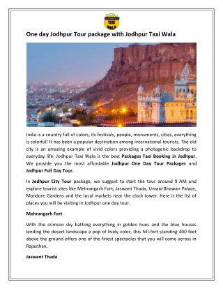 One day Jodhpur Tour package with Jodhpur Taxi Wala