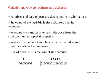 Variables and Objects, pointers and addresses: