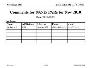 Comments for 802-15 PARs for Nov 2010