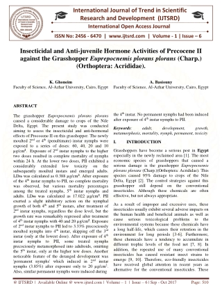 Insecticidal and Anti juvenile Hormone Activities of Precocene II against the Grasshopper Euprepocnemis plorans plorans