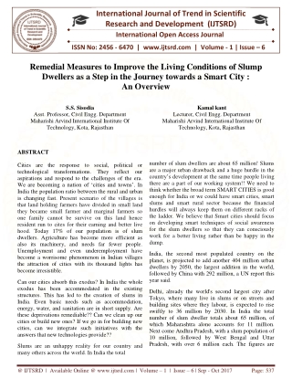 Remedial Measures to Improve the Living Conditions of Slump Dwellers as a Step in the Journey towards a Smart City An Ov