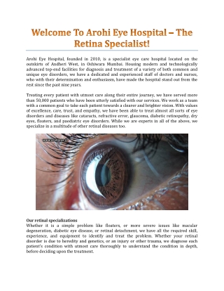 Welcome To Arohi Eye Hospital – The Retina Specialist!