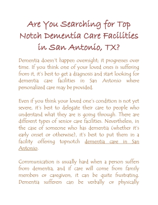 Are You Searching for Top Notch Dementia Care Facilities in San Antonio, TX?