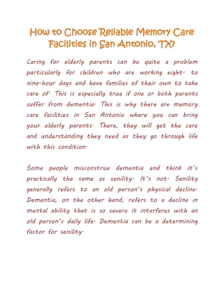 How to Choose Reliable Memory Care Facilities in San Antonio, TX?