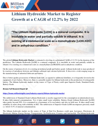 Lithium Hydroxide Market to Register Growth at a CAGR of 12.2% by 2022