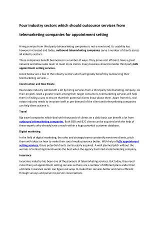Four industry sectors which should outsource services from telemarketing companies for appointment setting