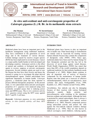 In vitro anti oxidant and anti carcinogenic properties of Calotropis gigantea L. R. Br. in its methanolic stem extracts