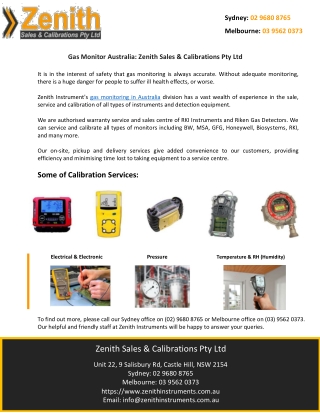 Gas Monitor Australia: Zenith Sales & Calibrations Pty Ltd