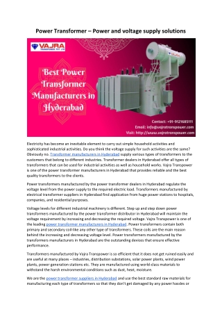 Power Transformer – Power and voltage supply solutions