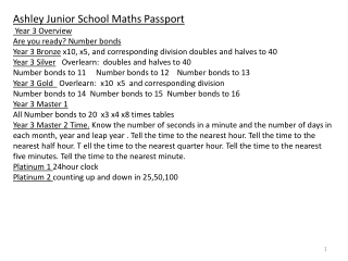 Ashley Junior School Maths Passport Year 3 Overview Are you ready? Number bonds