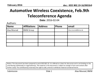 Automotive Wireless Coexistence, Feb.9th T eleconference Agenda