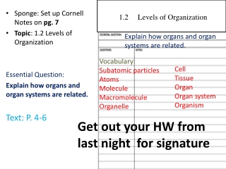 Sponge: Set up Cornell Notes on pg. 7 Topic : 1.2 Levels of Organization Essential Question: