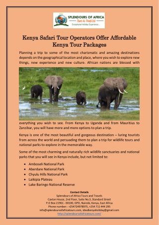 Kenya Safari Tour Operators Offer Affordable Kenya Tour Packages
