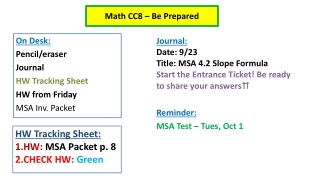 On Desk: Pencil/eraser Journal HW Tracking Sheet HW from Friday MSA Inv. Packet