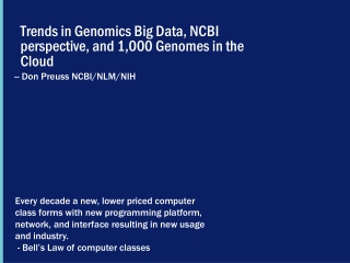 Trends in Genomics Big Data, NCBI perspective, and 1,000 Genomes in the Cloud