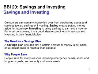 BBI 20: Savings and Investing Savings and Investing