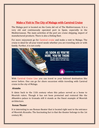 Make a Visit to The City of Malaga with Carnival Cruise