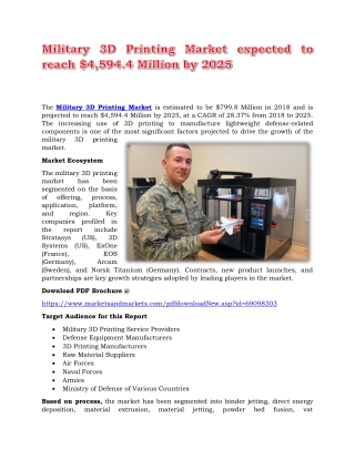 Military 3D Printing Market expected to reach $4,594.4 Million by 2025