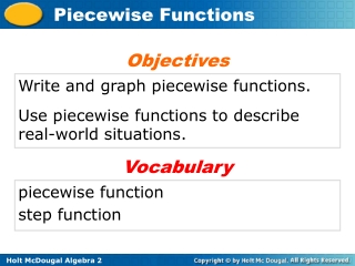 Write and graph piecewise functions. Use piecewise functions to describe real-world situations.