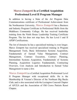 Marco Zompetti Is a Certified Acquisition Professional Level II Program Manager