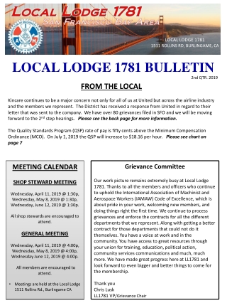 LOCAL LODGE 1781 BULLETIN