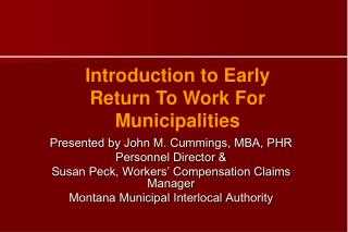Introduction to Early Return To Work For Municipalities